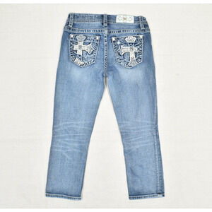 Miss Me Women Cotton Blue Size 26 Mid rise Easy Crop Jeans Denim Solid Embelish